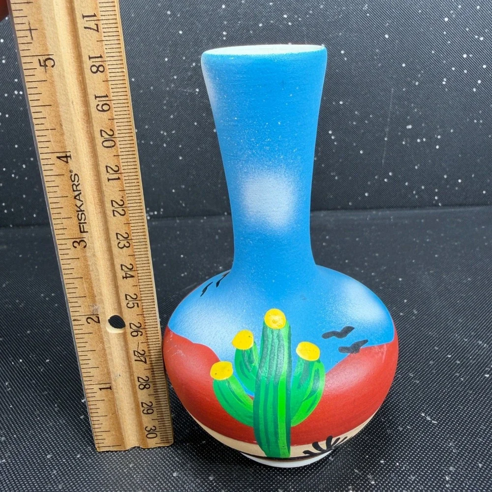 Tesa by Maack Co Desert Landscape Pottery Vase Hand Painted Cactus 5in Blue Red